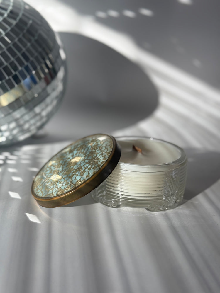 Vintage Glass Powder Jar with Metal Floral Pattern