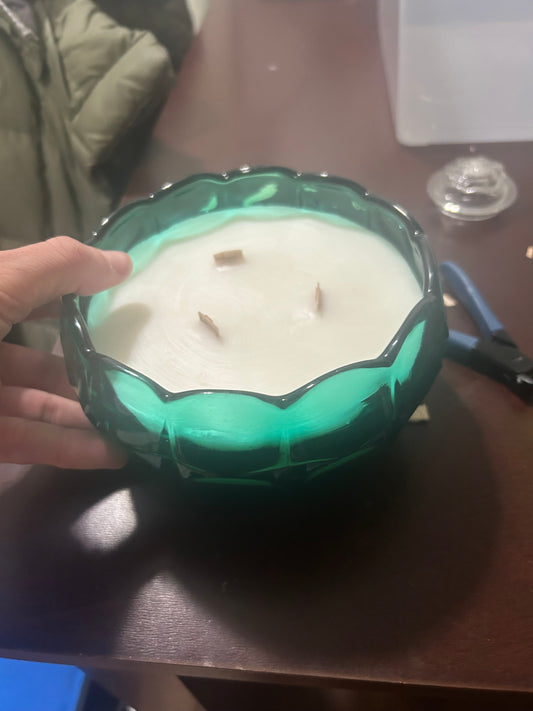 Teal glass bowl candle